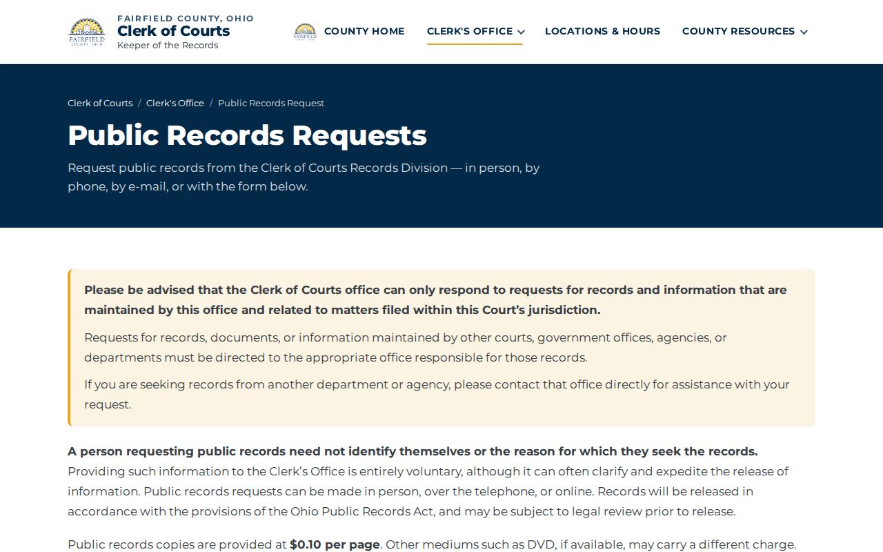 Violet Township residents directory Fairfield County court records request form