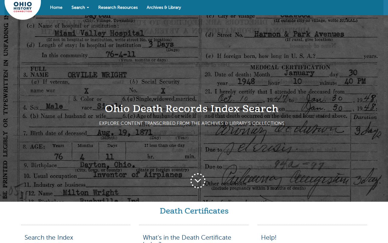 Violet Township previous residents death-date research in the Ohio History Connection index