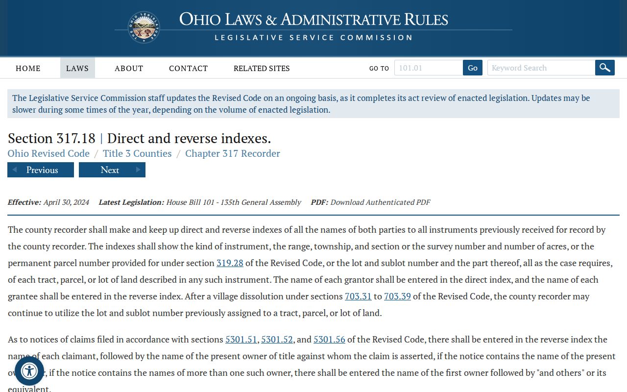 Violet Township street directory Ohio recorder index requirements