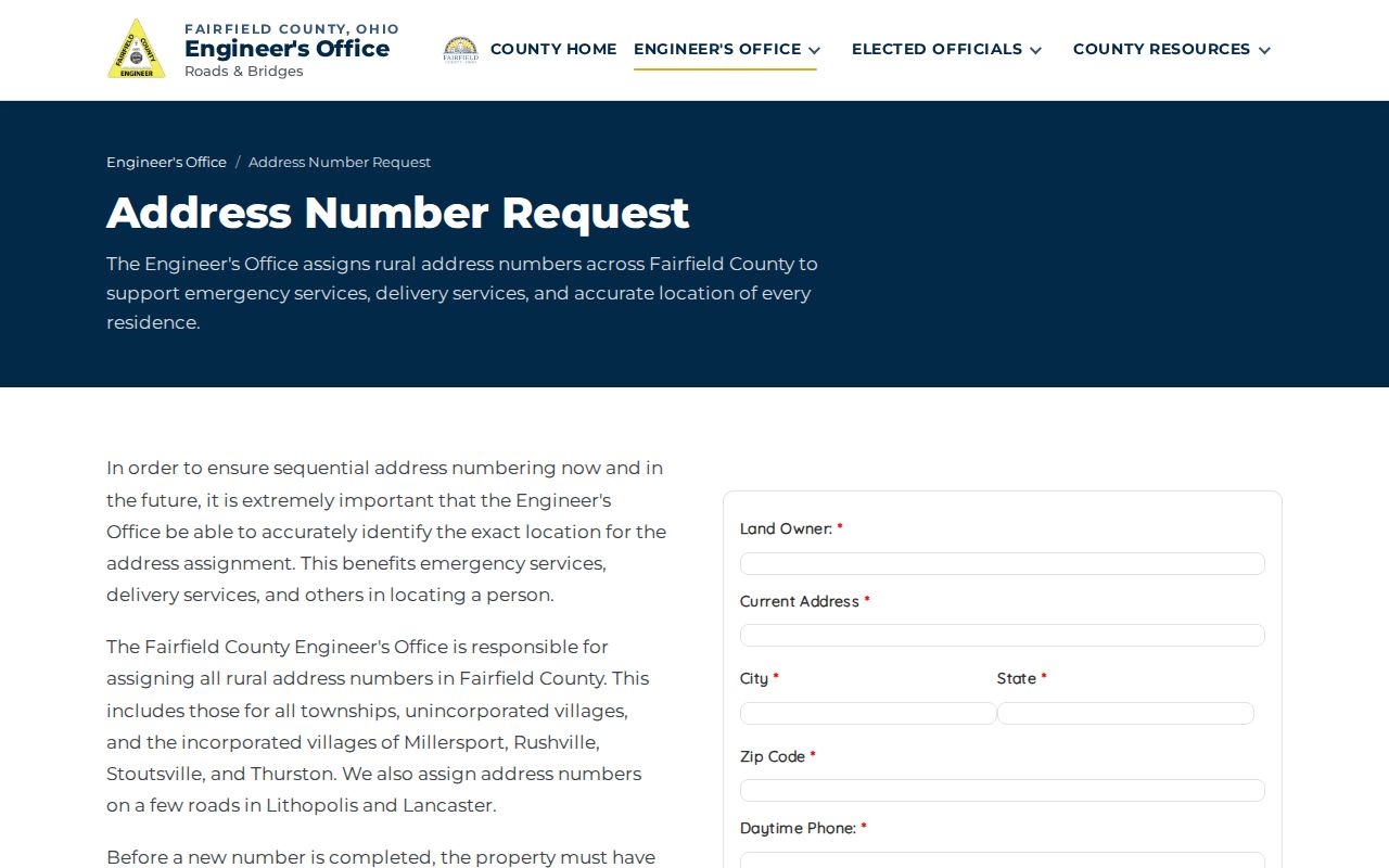 Violet Township street directory County Engineer address number request form